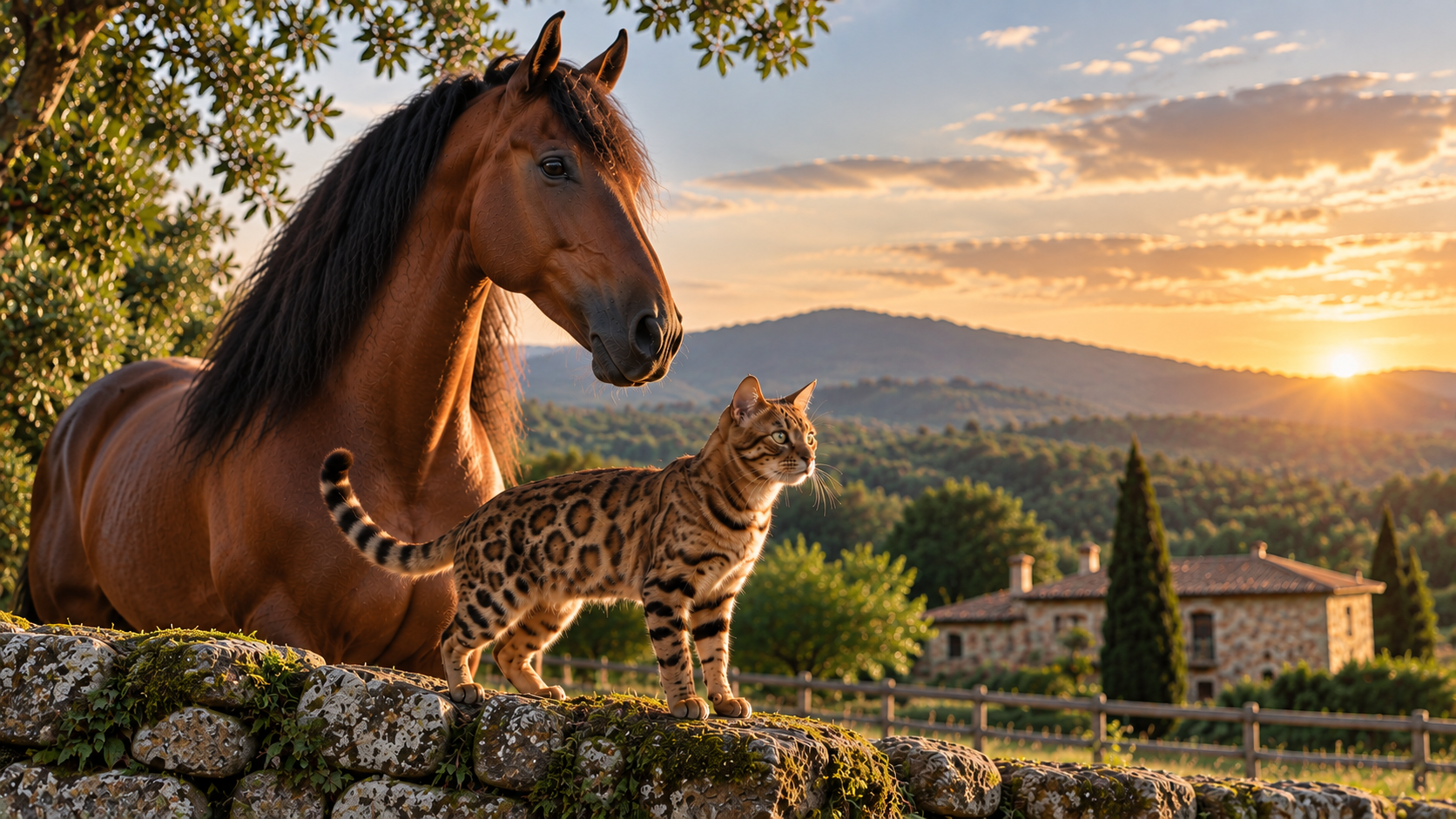 Caballo castaño y gato bengalí en Finca Loureiro al atardecer